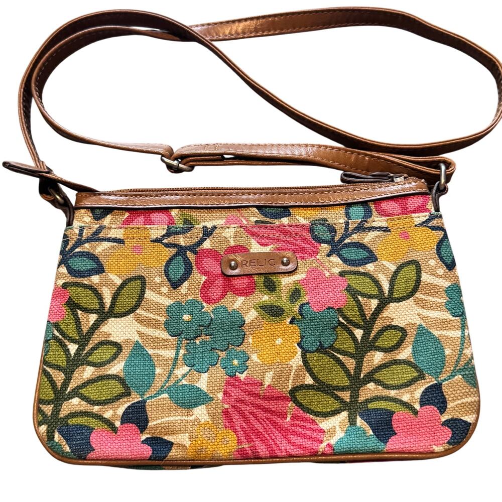 Relic by Fossil Crossbody Purse Brown Pink Blue Floral Canvas Slim Zip Top Boho